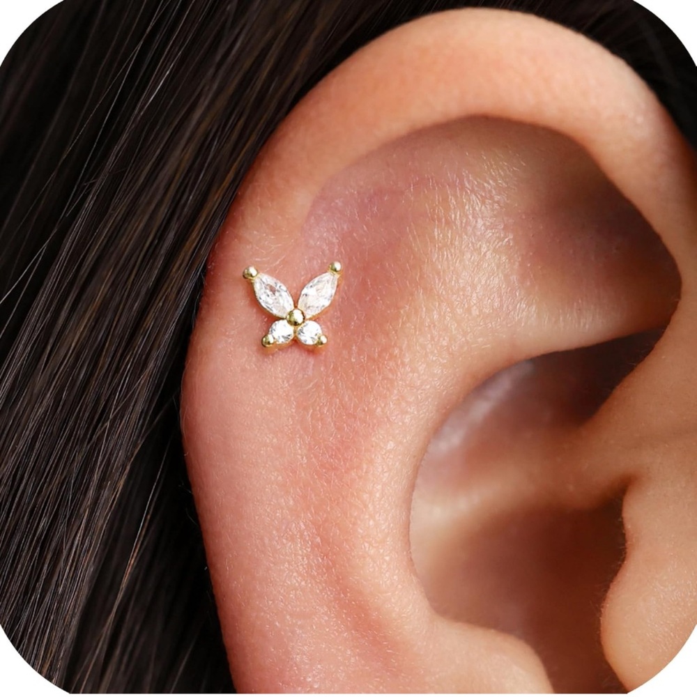 NWT 925 Sterling Silver Threadless Butterfly Gold Screw Back Stud Earrings